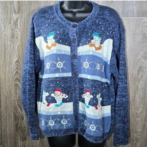 Womens Cardigan Sweater Blue‎ Frolicking Snowmen Embellished Holiday Large